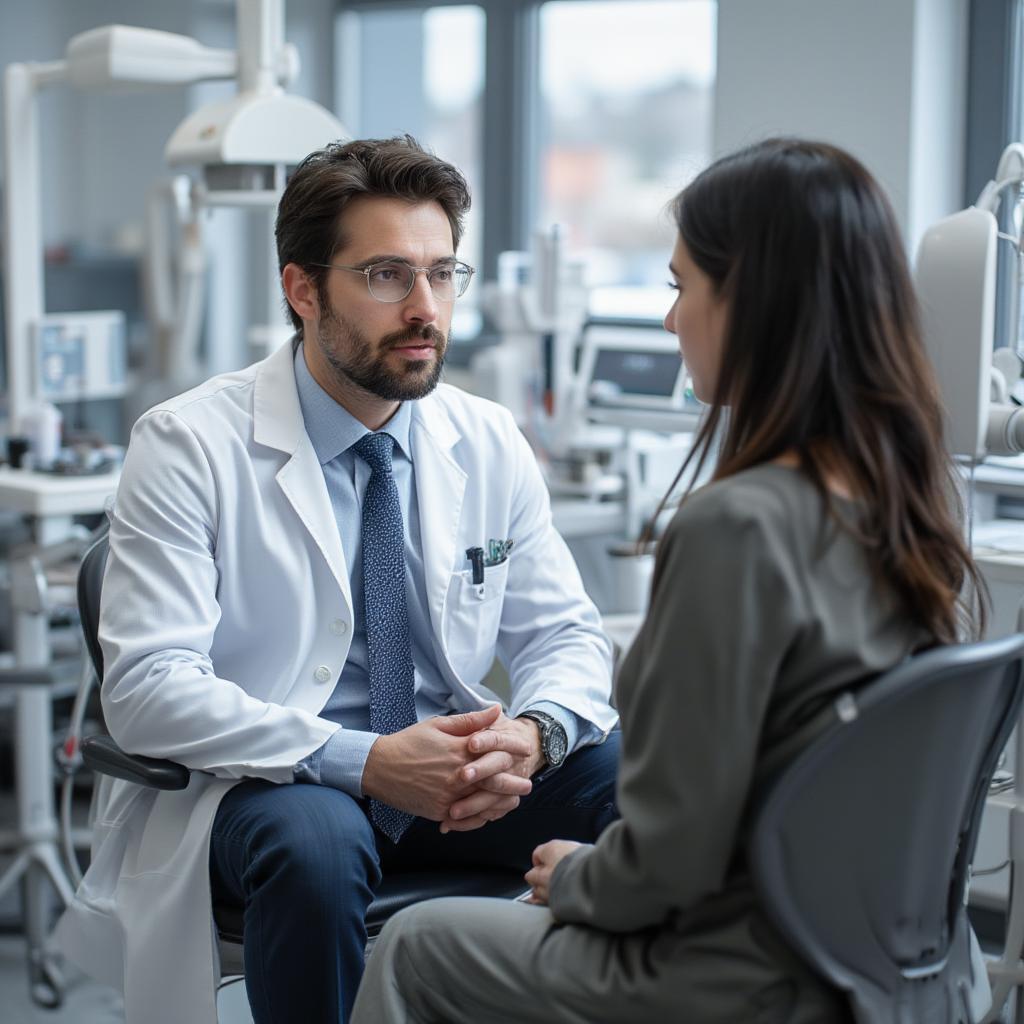 Doctor consulting a patient in a bright, modern examination room.