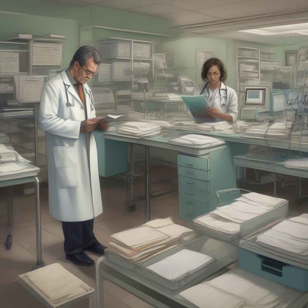 Doctor checking medical records in a market hospital before a leg amputation.