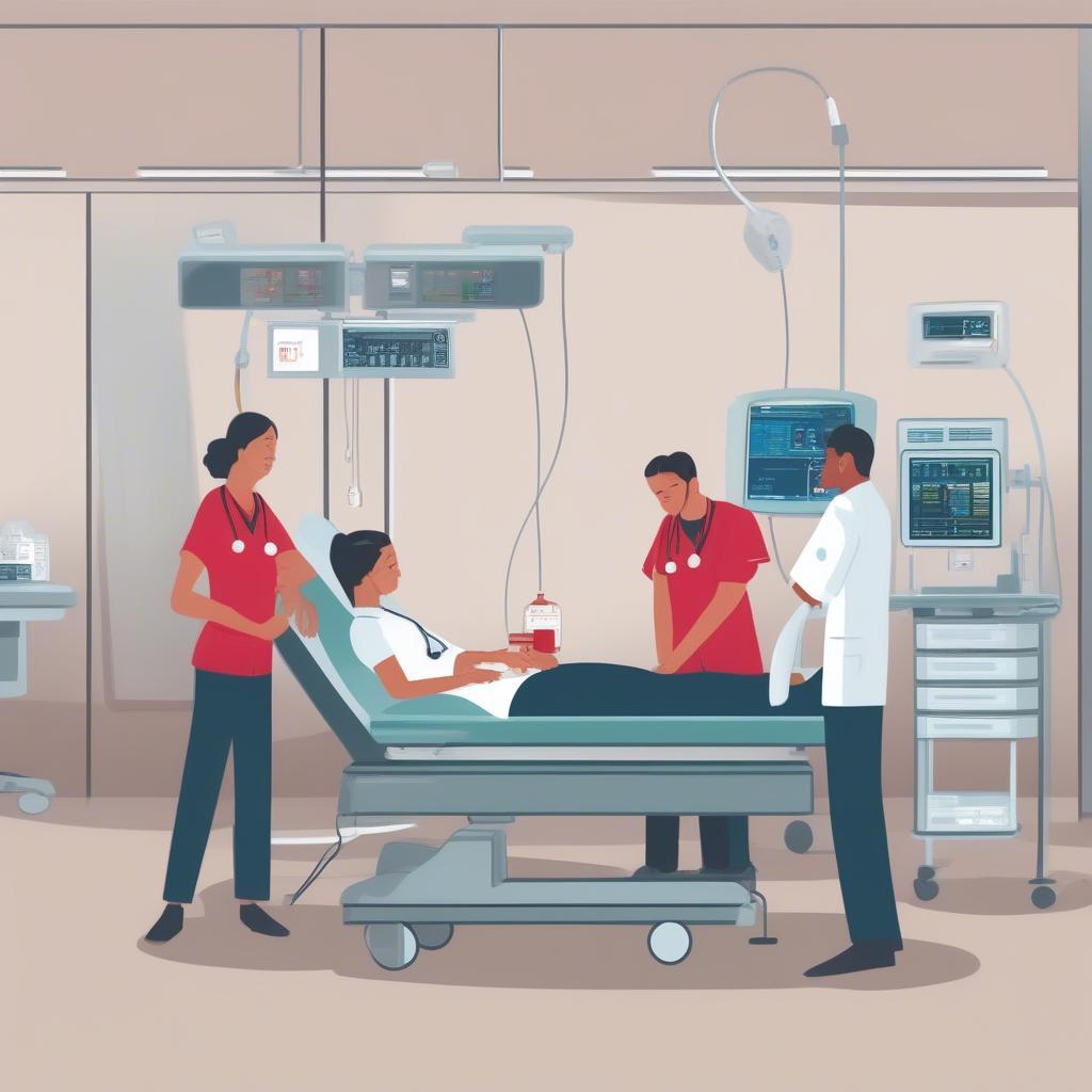 A patient receiving a blood transfusion in a hospital bed