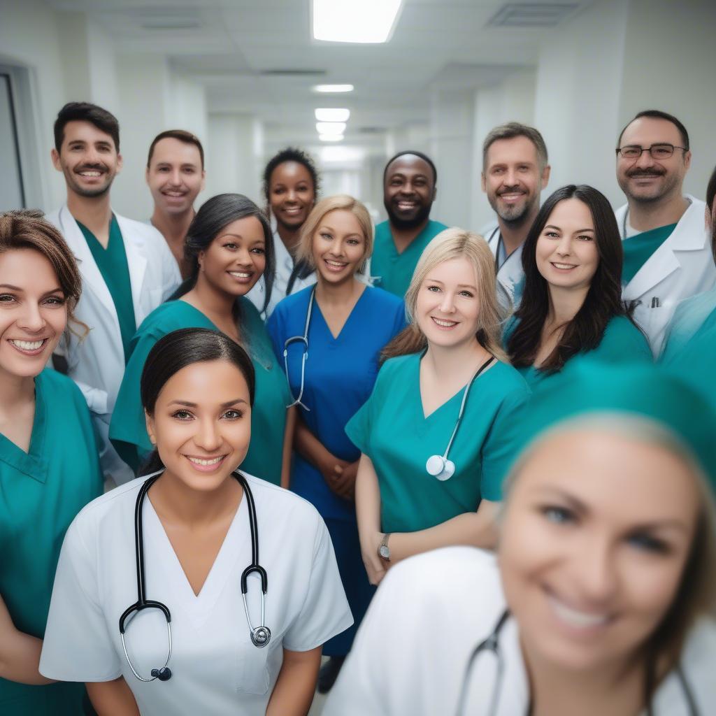 A group of doctors and nurses in hospital scrubs, smiling and looking at the camera. They exude professionalism and confidence, reflecting a dedicated and skilled medical team.