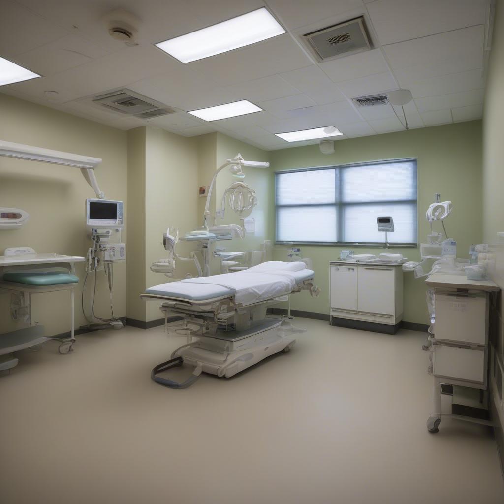 A bright and clean examination room in a hospital. Modern medical equipment is visible, along with comfortable seating for patients and their families. The room is well-lit and designed for patient comfort and privacy.