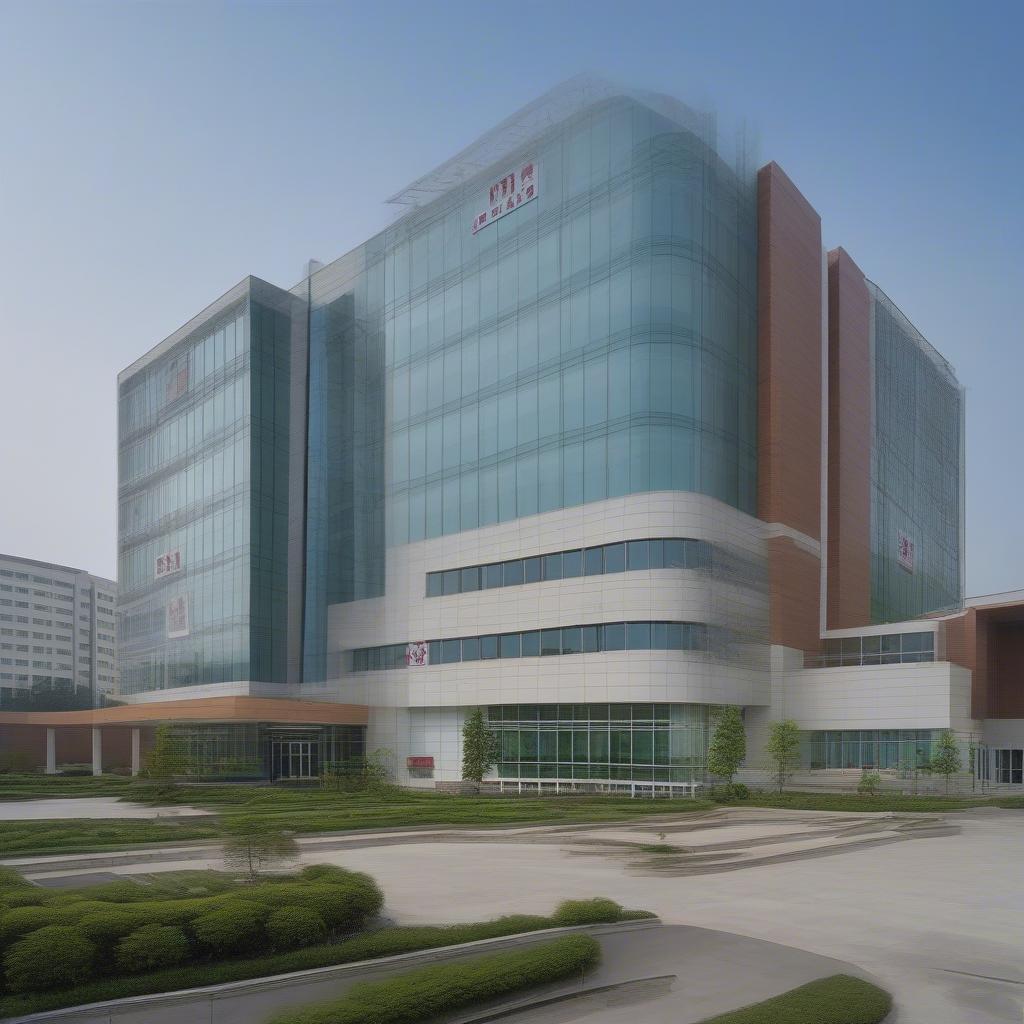 Modern hospital building with a clean and welcoming exterior. The architecture is contemporary and features large windows, allowing ample natural light inside. A sign clearly displays the hospital's name, "Mong Cai General Hospital," and there's a well-maintained landscape surrounding the building, creating a calming and inviting atmosphere.