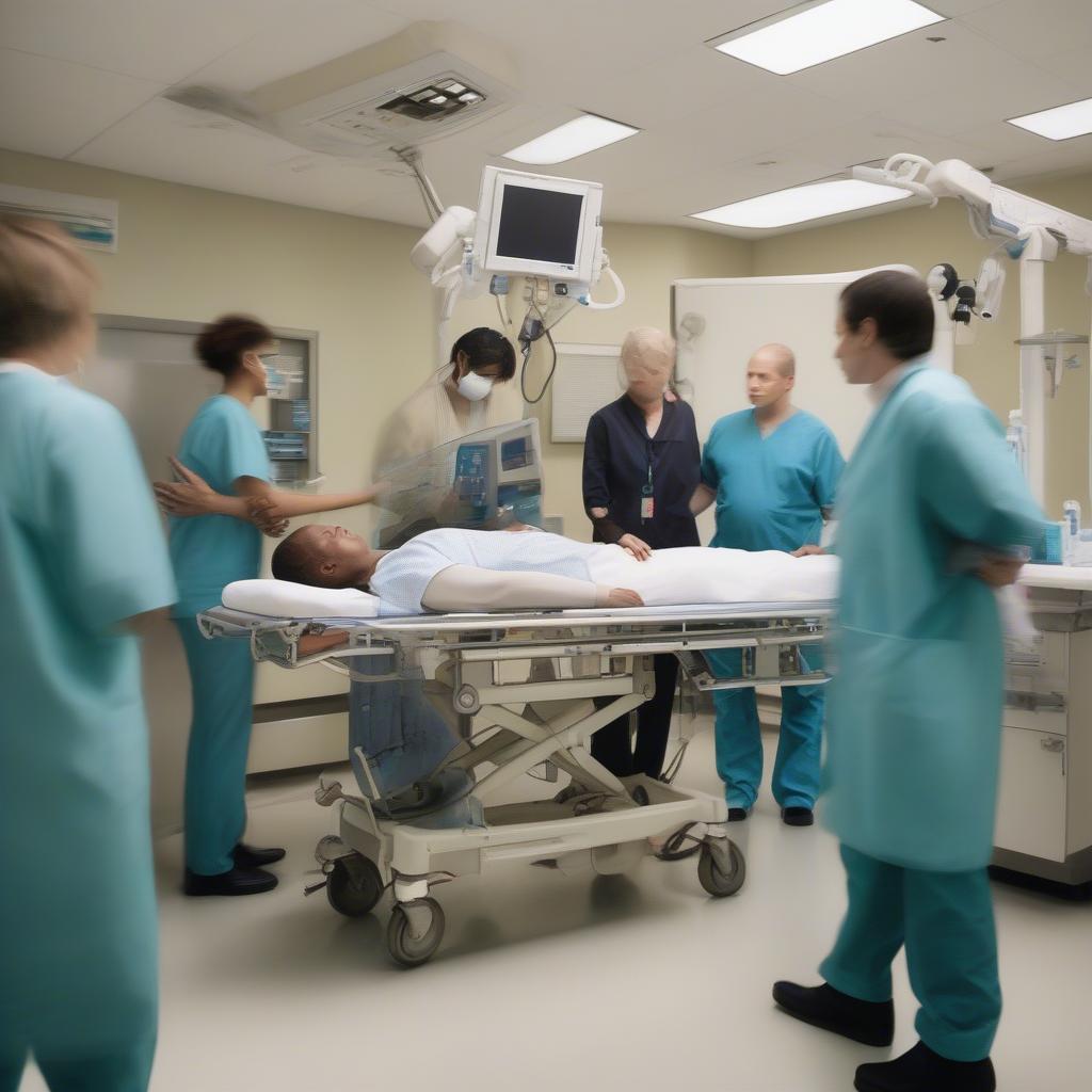 Emergency room with medical equipment and staff attending to a patient on a stretcher.