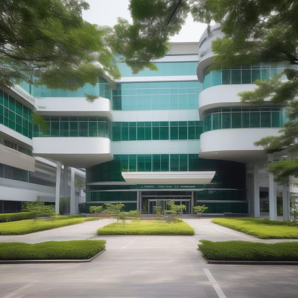 Modern hospital building with clean lines and large windows, surrounded by greenery and ample parking space. A welcoming entrance with clear signage and accessible pathways.