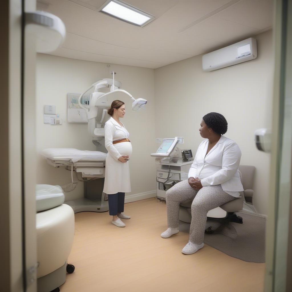 Doctor consulting with a pregnant woman in a bright and modern examination room