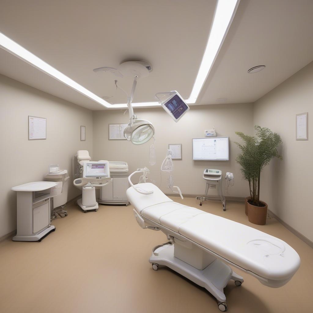 A comfortable and well-equipped birthing room with a focus on patient comfort and modern technology