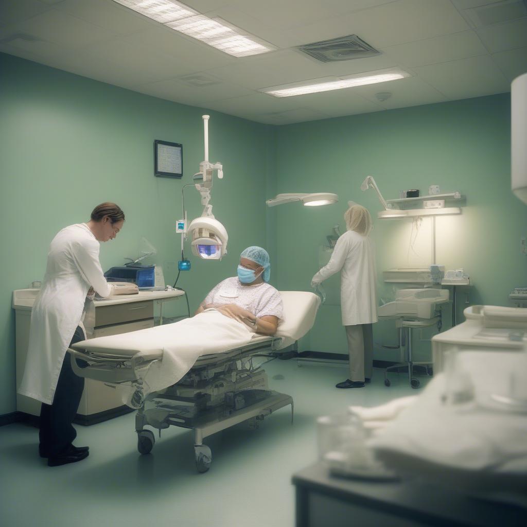 Doctors examining patients in a bright and clean examination room at Military Hospital 4.