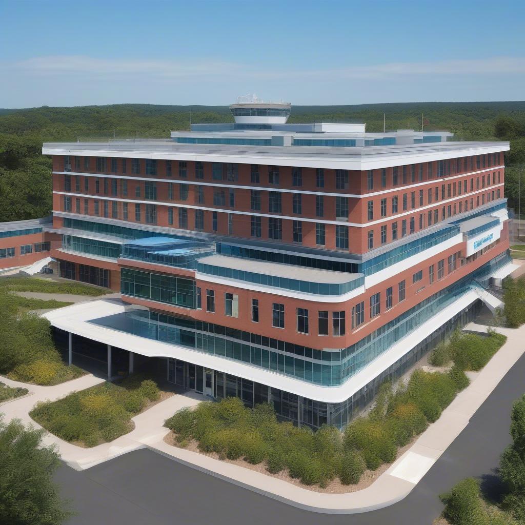 Modern building of Military Hospital 4 with a helipad on the roof, surrounded by greenery and a clear blue sky.