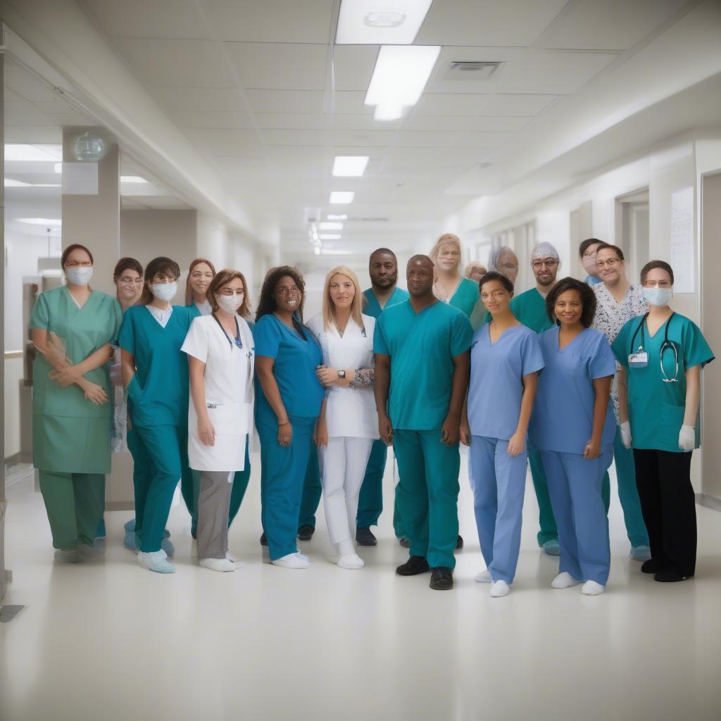 A group of doctors and nurses in uniform smiling and posing for a photo at Military Hospital 4.