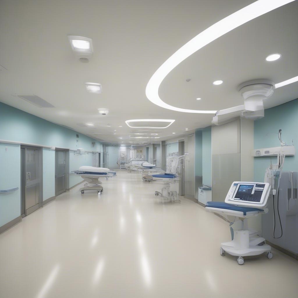 Modern and spacious hospital building with advanced medical equipment.