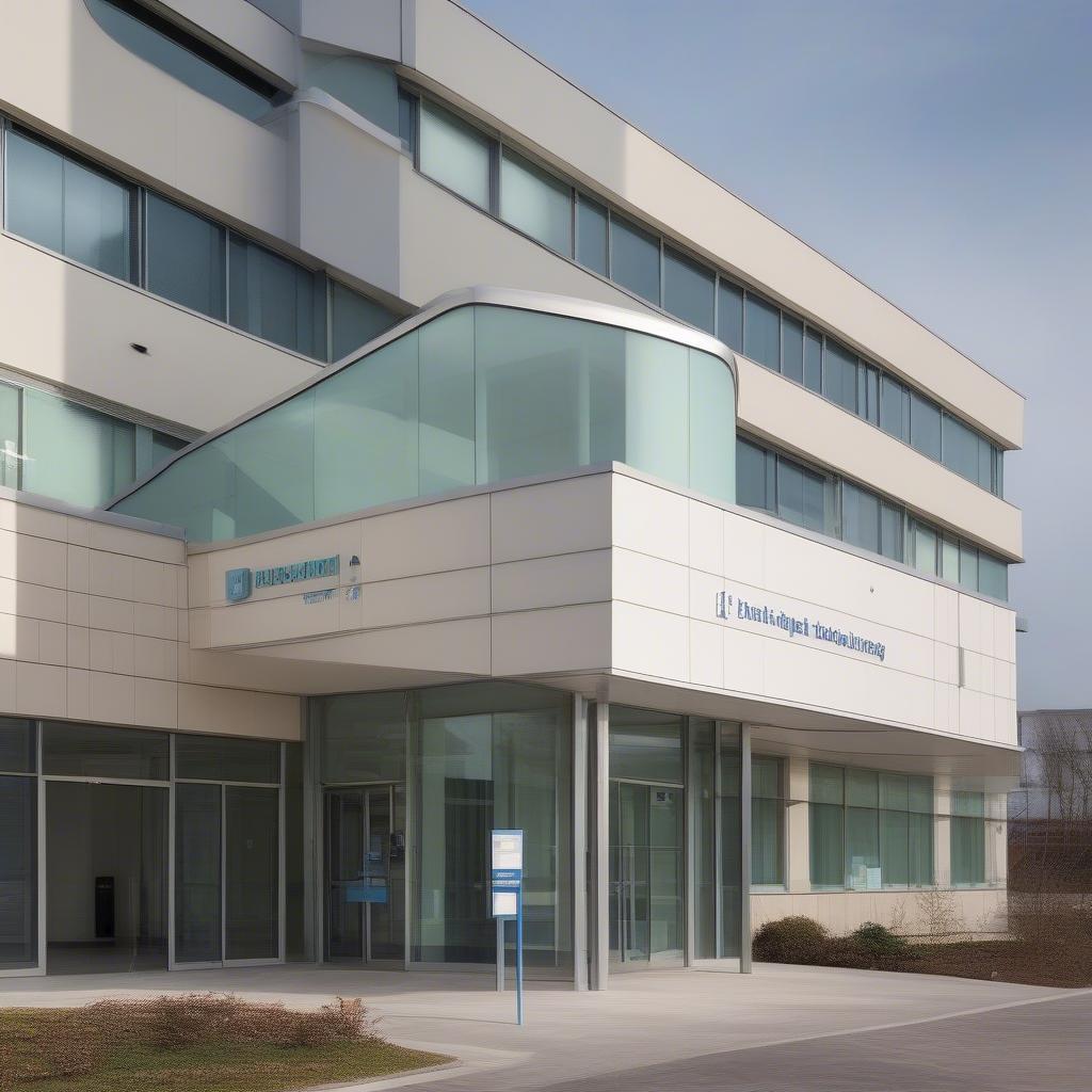 Modern hospital building with a maternity ward, featuring large windows and a welcoming entrance.  A sign clearly displays the hospital's name.