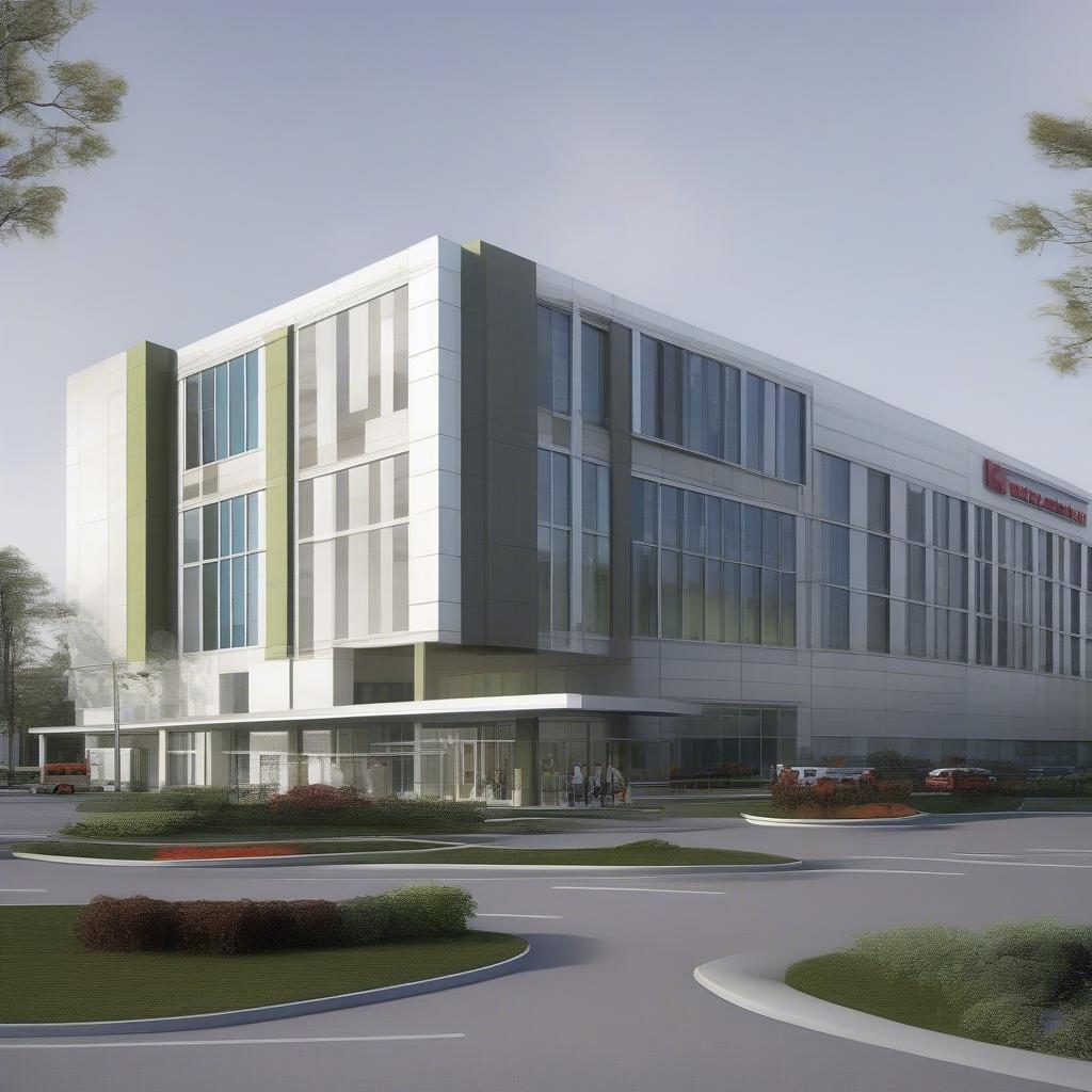 Modern hospital building with a sign that says "Blood Transfusion and Hematology Hospital"