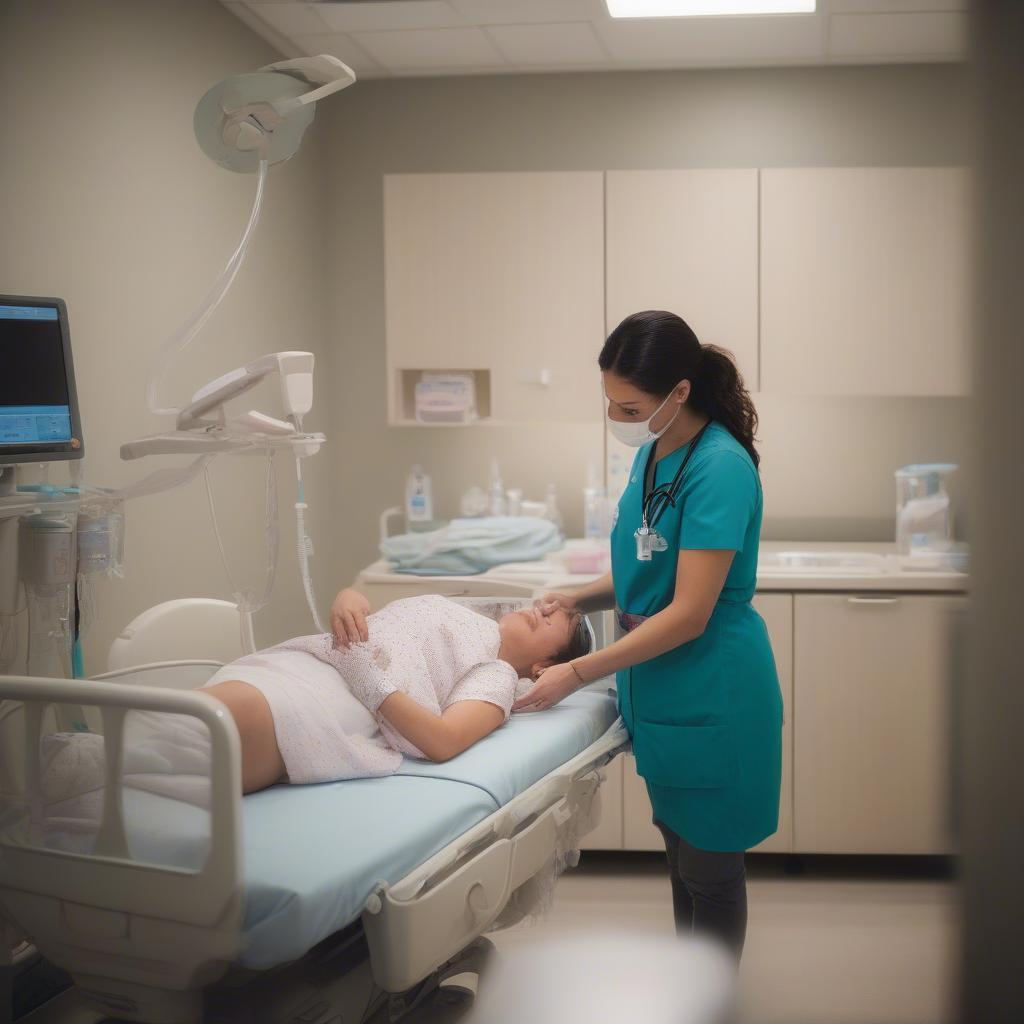 A nurse providing postpartum care to a new mother in a hospital room. The room is bright and comfortable, with a focus on hygiene and a calming atmosphere.