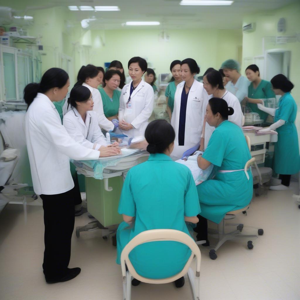 A team of experienced doctors and nurses in a women's and children's hospital in Soc Trang, Vietnam, interacting with patients and providing medical care.