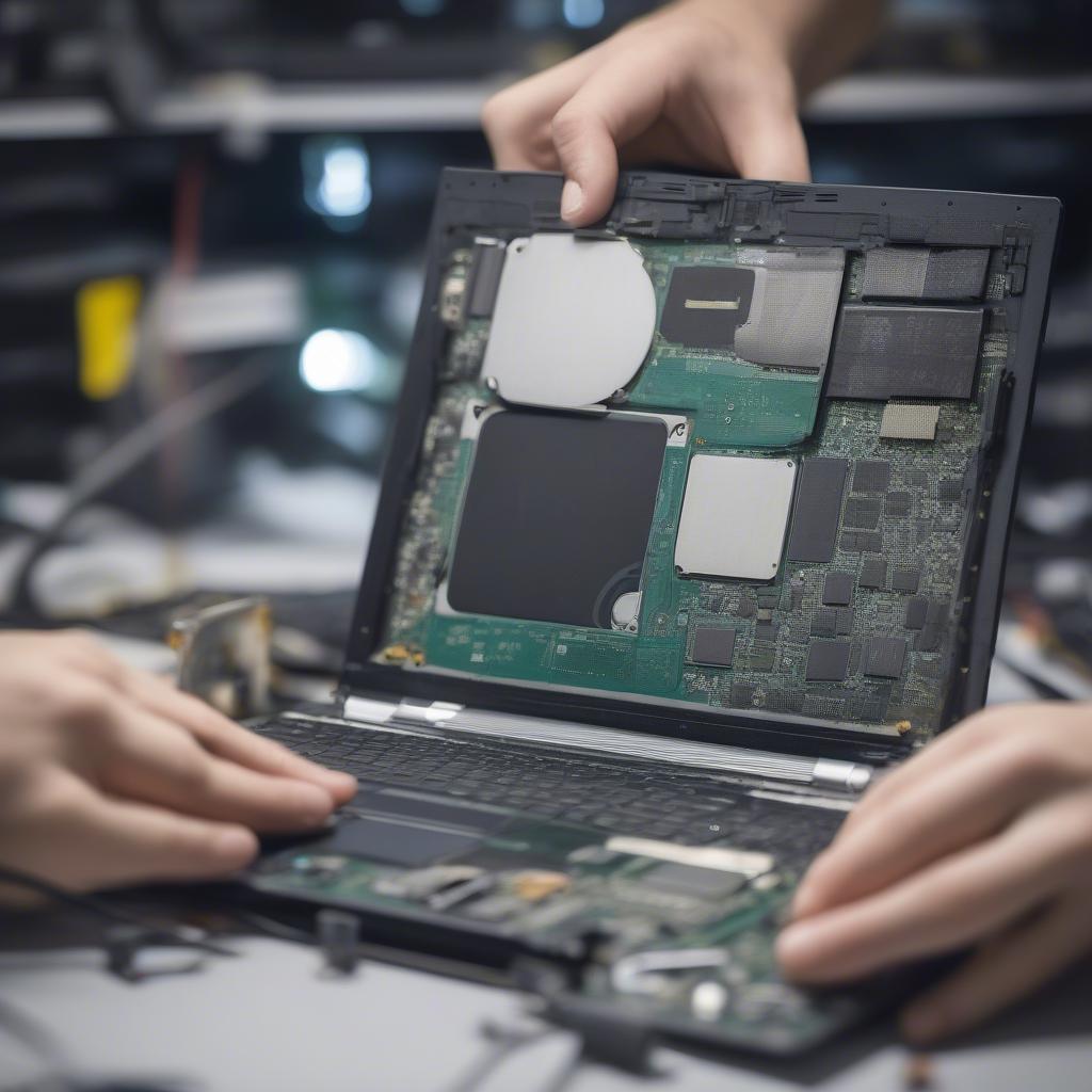 Kỹ thuật viên đang sửa chữa laptop