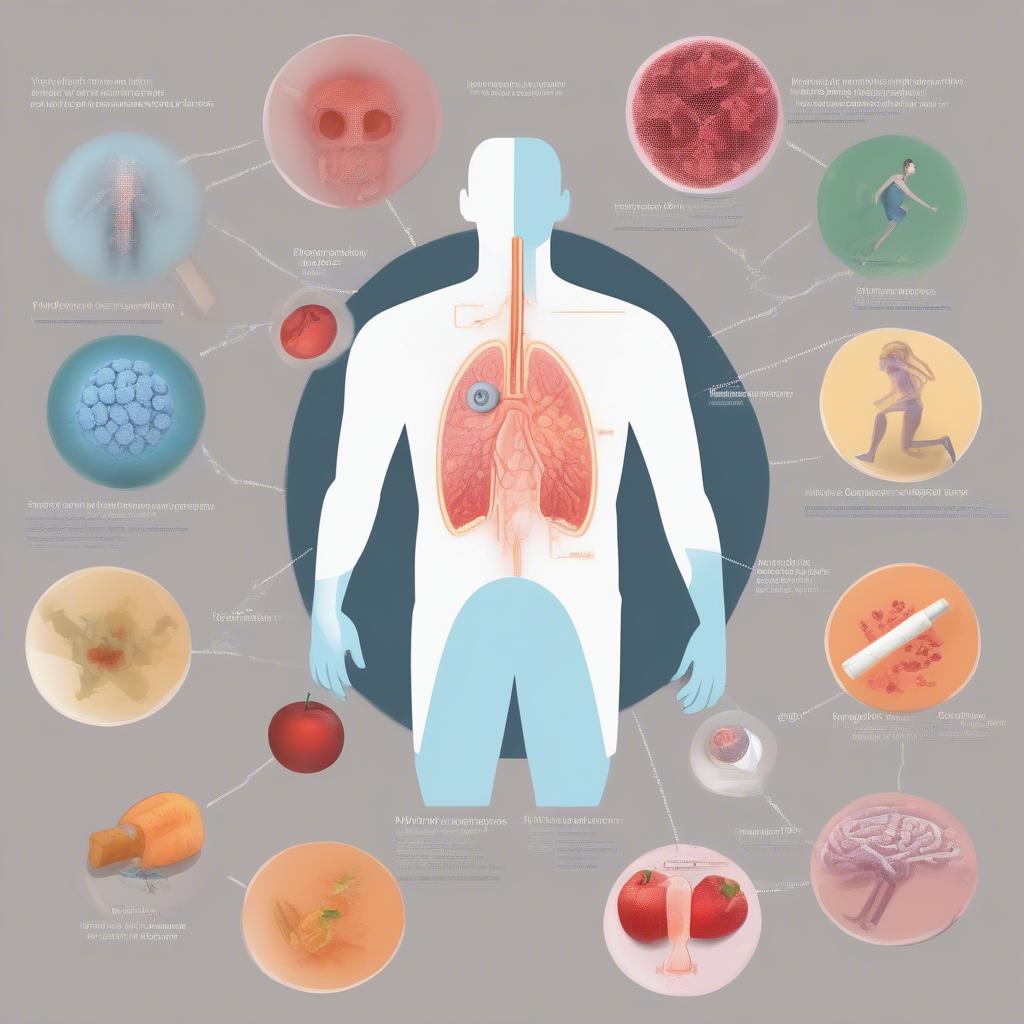 Nguyên nhân suy giảm miễn dịch: Hình ảnh minh họa các yếu tố gây suy giảm miễn dịch như virus, vi khuẩn, lối sống không lành mạnh và các bệnh lý.