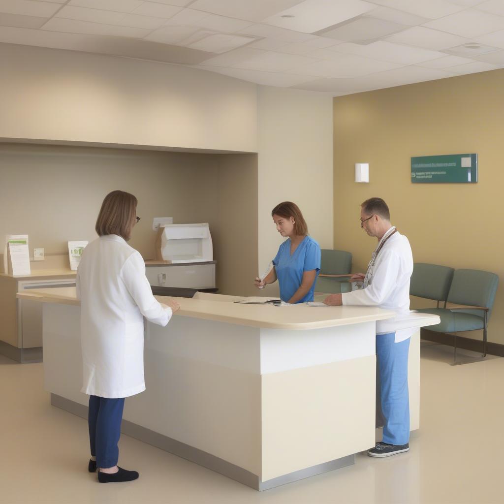 Patient completing paperwork at hospital reception.